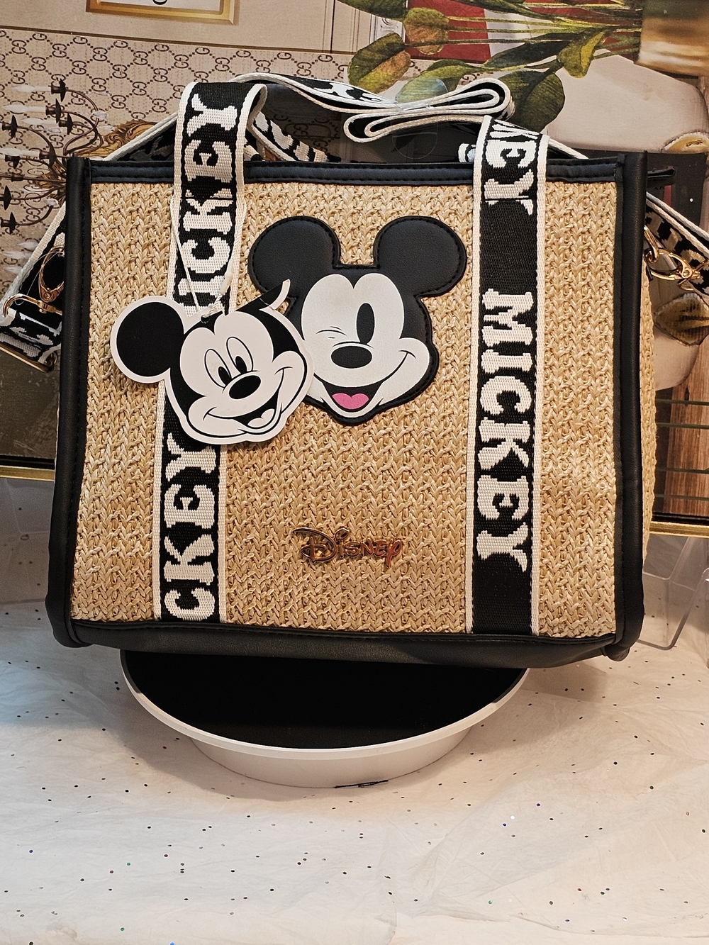 Disney Mickey Mouse Rafia Black & Natural Crossbody Bag - Picture 14 of 16